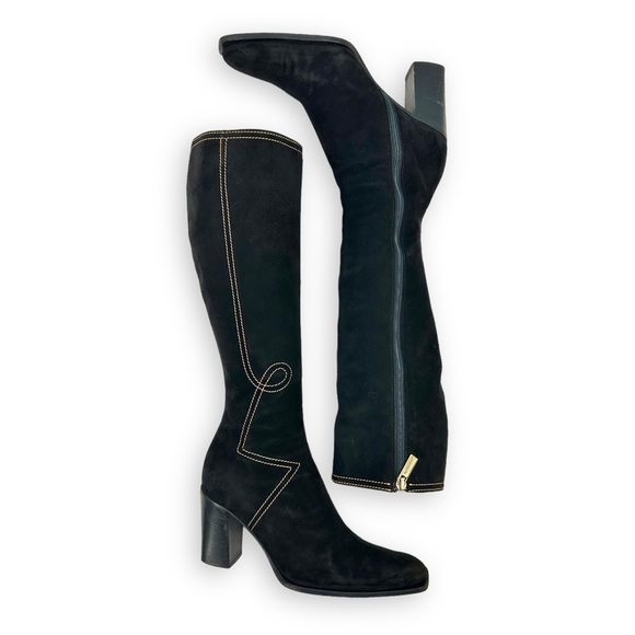 Bruno Magli Black Suede Orange Stitch Tall Block Heel Boots sz 36 - Picture 9 of 11